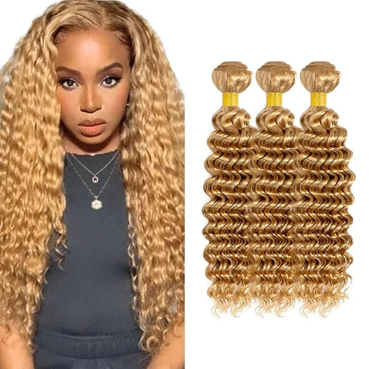 #27 Honey Blonde Bundles Human Hair Deep Wave Bundles 18 20 22 Inch Unprocessed Brazilian Virgin Hair Weave 3 Bundles 50 Grams Per Bundle Blonde Human Hair Extensions For Women