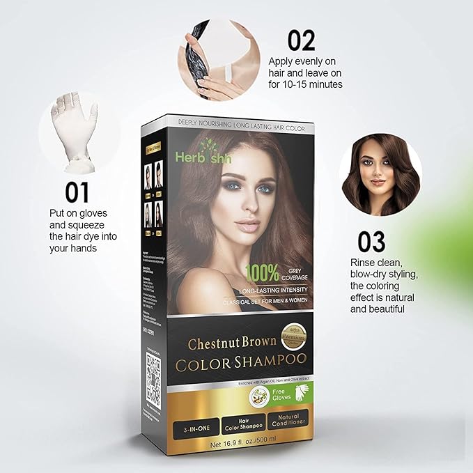 Herbishh Ultimate Shampoo Kit (3pcs Dye + 1 Argan Mask) for Smooth, Long-Lasting Grey Hair Color - Men & Women (Chestnut Brown)