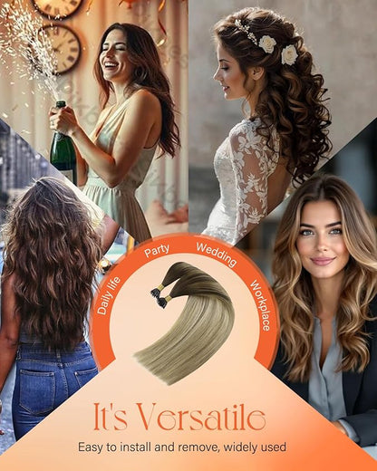 Sunny Hair Nano Bead Extensions Human Hair Brown Roots to Light Blonde Nano Hair Extensions Ombre Nano Ring Extensions Real Remy Hair 4/14/60 18inch 50g