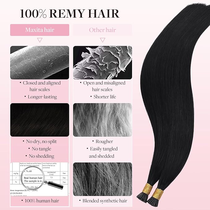 MAXITA I Tip Hair Extensions Human Hair,50g/50s Jet Black 18 Inch Comfortable Wear, Invisible & Natural Cold Fusion, 100% Remy Human Hair Itip Keratin Hair Extensions