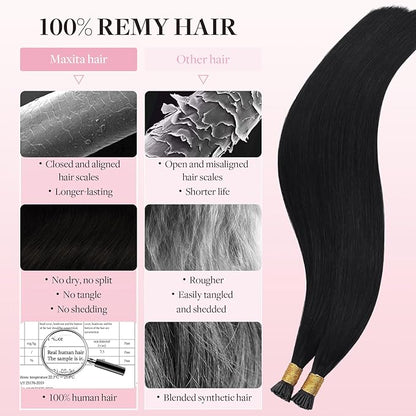 MAXITA I Tip Hair Extensions Human Hair,50g/50s Jet Black 18 Inch Comfortable Wear, Invisible & Natural Cold Fusion, 100% Remy Human Hair Itip Keratin Hair Extensions