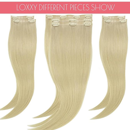 Loxxy Real Hair Extensions - Invisible 16Inch 7Pcs 130G Platinum Blonde Seamless Clip in Hair Extensions Human Hair Silky Straight PU Clip ins For Women
