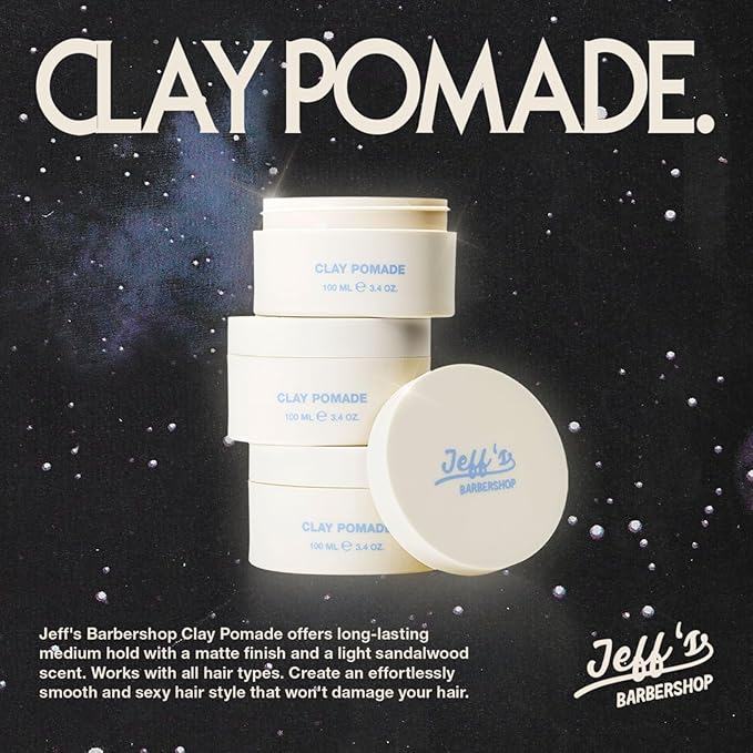 Jeff's Barbershop Clay Pomade, Sandalwood - Medium Hold, Matte Finish Hair Styling Cream Wax with Natural Beeswax & Castor Oil (3.4 fl oz/100ml)
