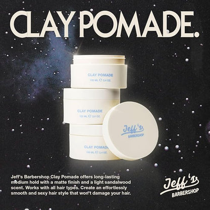 Jeff's Barbershop Clay Pomade, Sandalwood - Medium Hold, Matte Finish Hair Styling Cream Wax with Natural Beeswax & Castor Oil (3.4 fl oz/100ml)