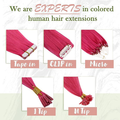 RUNATURE Hot Pink Hair Extensions Tape in, Real Human Hair Tape in Extensions Colored Tape in Hair Extensions Human Hair for Highlight Soft Silky Hair 14 Inch 20g 10pcs