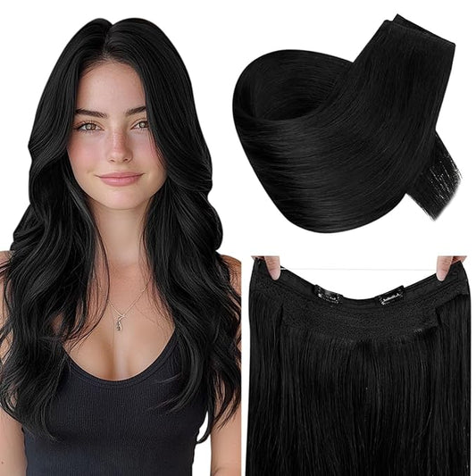 RUNATURE Invisible Wire Hair Extensions, Fish Line Hair Extensions Real Human Hair Straight, Transparent Wire Adjustable Size, Add Volume, 12 Inch 70g #1 Jet Black