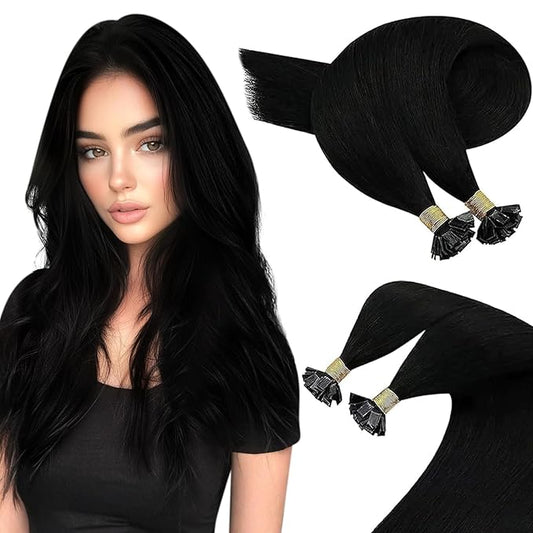 Sunny Hair Flat Tip Hair Extensions Real Human Hair Jet Black Keratin Tips Hair Extensions 16inch Ktip Human Hair Extensions for Women 50G