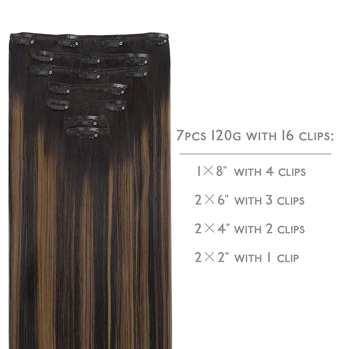 WENNALIFE Clip in Human Hair Extensions, 14 Inch 120g 7pcs Natural Black to Chestnut Brown Balayage Remy Clip in Hair Extensions Real Human Hair Double Weft
