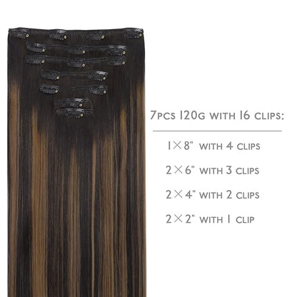 WENNALIFE Clip in Human Hair Extensions, 14 Inch 120g 7pcs Natural Black to Chestnut Brown Balayage Remy Clip in Hair Extensions Real Human Hair Double Weft