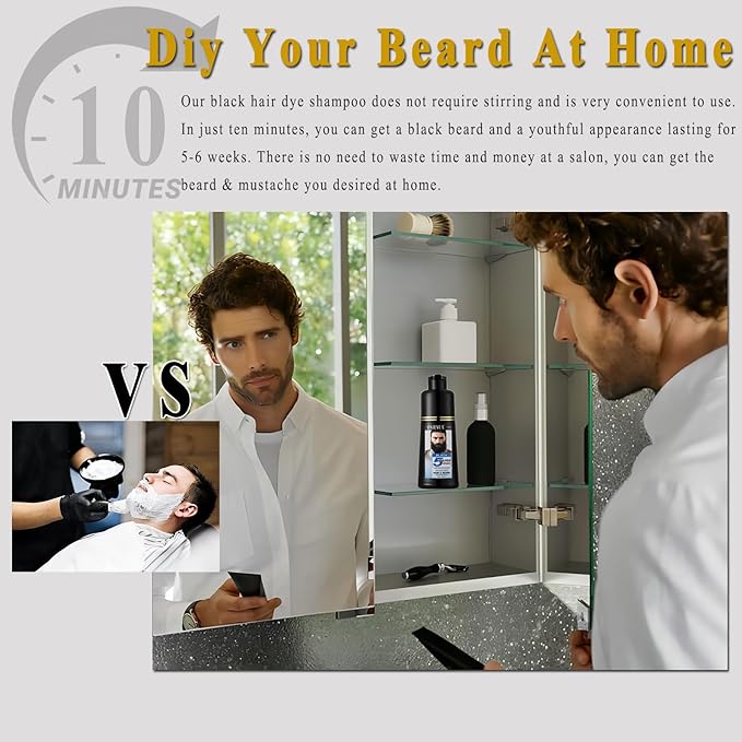 Men’s Beard Dye For Men Black In Minutes, Grey Reducing Mustache & Beard Wash & Conditioner 3 In 1, Black Beard Dye Shampoo, Long-Lasting With Natural Extract, Gifts for Men Dad