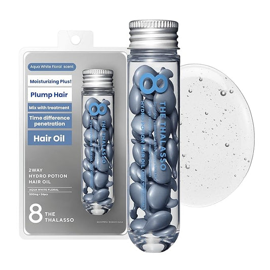 8 THE THALASSO Potion Hair Oil for Frizzy & Damaged Hair Women & Men, Keratin Hair Care for Repairing with Squalane & Deep Ocean Water, Sulfate & Paraben Free, AQUA WHITE FLORAL, 24 Capsules