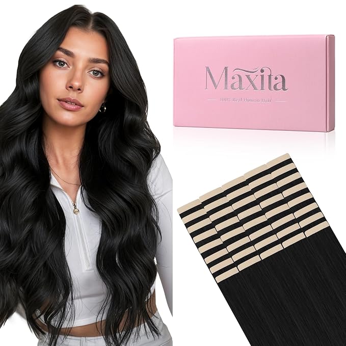 MAXITA Tape in Hair Extensions Human Hair 1B Natural Black 16 Inch 100g 40pcs Thick Ends Remy Human Hair Seamless Straight Hair Extensions Invisible Tape in Extensions Human Hair
