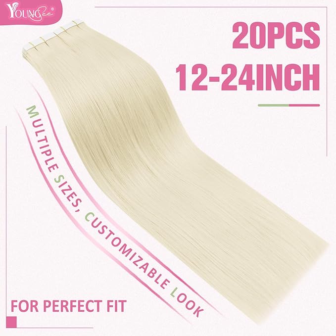 YoungSee Tape in Extensions Platinum Blonde Hair Extensions Tape in Blonde Hair Extensions Real Human Hair Tape in 20 Inch 50g Blonde Tape Extensions 20pcs Invisible Tape in Hair for Wedding