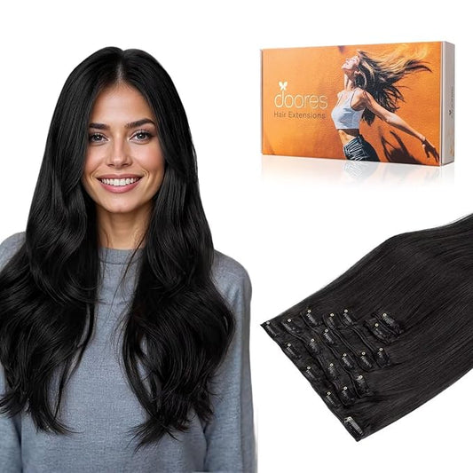 DOORES Hair Extensions Clip in Human Hair, Natural Black 135g 7pcs 16 Inch, Thick Remy Clip in Hair Extensions for Women Straight Weft