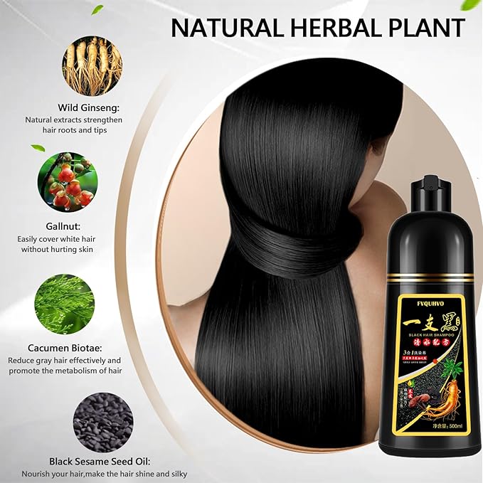 Instant Black Hair Shampoo 500ml for Men & Women, 3 in 1 Hair Dye Shampoo - 100% Gray Hair Coverage in Minutes, Natural Black Hair Color for Home Salon Use, 17.6 Fl Oz