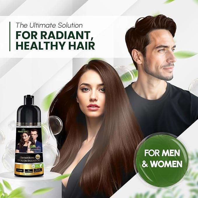 Herbishh Chestnut Brown Shampoo, Hair Dye Shampoo 3 in 1, 100% Grey Coverage, Demi-Permanent Hair Color for Men & Women, Long-lasting Color in 20-25 Mins, Ammonia-free, 200 ml