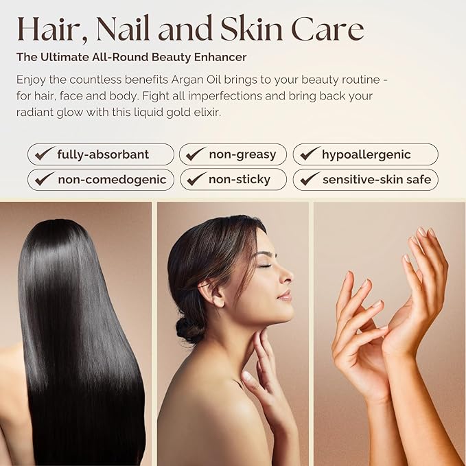 Essence Of Argan Pure Argan Oil for Hair, Skin & Nails - Natural Eco-Certified Cold Pressed Oil for Skin Moisturization - Non-Greasy Formula for Hair and Nail Growth - 1 Oz /30ml