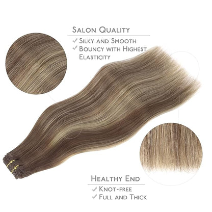 WENNALIFE Clip in Hair Extensions Real Human Hair, 20 Inch 120g 7pcs Balayage Chocolate Brown to Honey Blonde Remy Hair Double Weft Straight Natural Extensiones De Cabello Humano Con Clip Ins