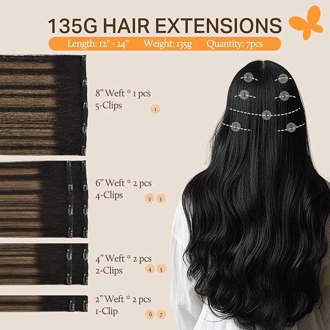 DOORES Hair Extensions Real Human Hair, Balayage Natural Black to Chestnut Brown 18 Inch 135g 7pcs, Remy Extensions Clip ins Real Straight Thick