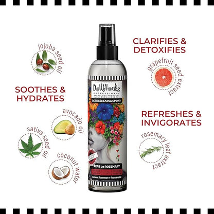 Dollylocks Dreadlock Refreshening Spray for Locs - Pepe Le Rosemary, Peppermint Lemon and Rosemary Scent - Residue-free and Sulfate-free Loc and Scalp Refreshing Spray for Dreadlocks, 8oz