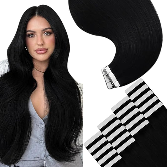 YoungSee Tape in Hair Extensions Human Hair Black Tapein Hair Extensions Real Human Hair Jet Black 20pcs 50g Black Human Hair Tape in Extensions Silky Straight 18 Inch Remy Hair Extensions Seamless