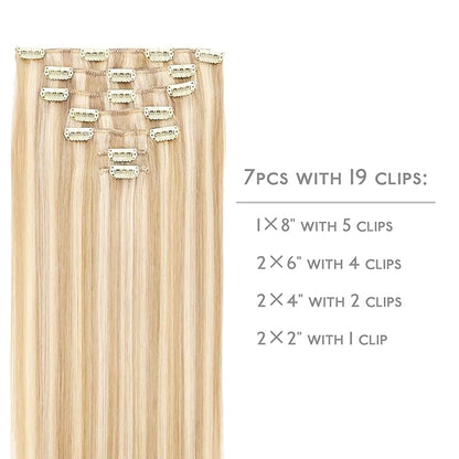 WENNALIFE Clip in Hair Extensions Human Hair 14 Inch 120g 7pcs Dirty Blonde Highlighted Bleach Blonde Hair Extensions Clip in for Women Real Human Hair Rallonge Cheveux Humain Real Hair Extensions