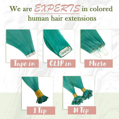 RUNATURE Colored Tape ins Human Hair Extensions Silky 20 Inch Long Tape in Teal Hair Extensions Natural Hair Invisible Glue in Remy Hair Extensions Teal Full Ends 10pcs 25g