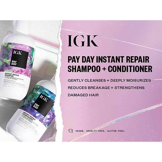 IGK Pay Day Instant Repair Shampoo and Conditioner Set | Bond-Building + Damage Repair | Vegan + Cruelty Free