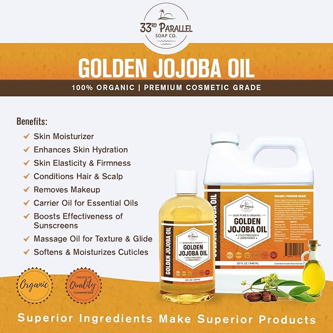33rd PARALLEL | Golden Jojoba Oil (32 oz) Cold Pressed & Unrefined; Non-GMO; 100% Pure & Natural Hexane Free | Moisturizing Oil for Skin, Face, Hair & Nails | 32 FL OZ