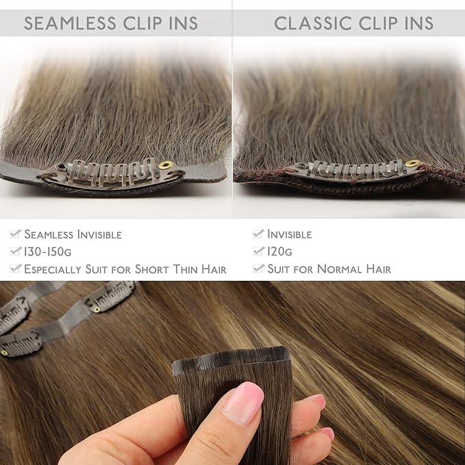 WENNALIFE Seamless Clip In Hair Extensions Human Hair, 24 Inch 160g 7pcs Balayage Chocolate Brown to Caramel Blonde Invisible Natural PU Weft Straight Extensiones De Cabello Hmano