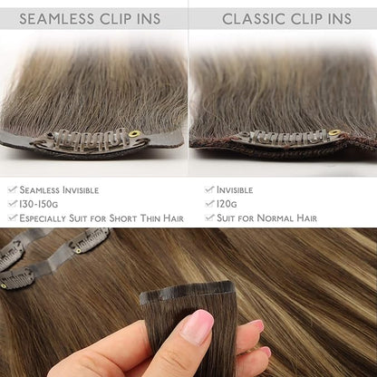 WENNALIFE Seamless Clip In Hair Extensions Human Hair, 24 Inch 160g 7pcs Balayage Chocolate Brown to Caramel Blonde Invisible Natural PU Weft Straight Extensiones De Cabello Hmano