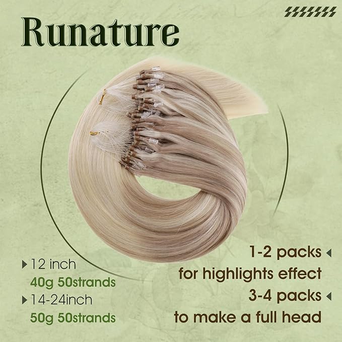 RUNATURE Micro Link Hair Extensions Human Hair Balayage Ash Blolnde Mix Light Blonde to Platinum Blonde Micro Beads Hair Extensions 24 Inch Straight Remy Micro Blonde Hair Extensions Silky 50g 50s