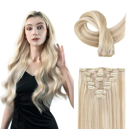 Clip in Hair Extensions Real Human Hair, 100% Remy Hair Extensions Clip Ins, Dark Blonde Highlighted Bleach Blonde Hair Extension for Women, #P18A/613A 18Inch 120G 7PCS