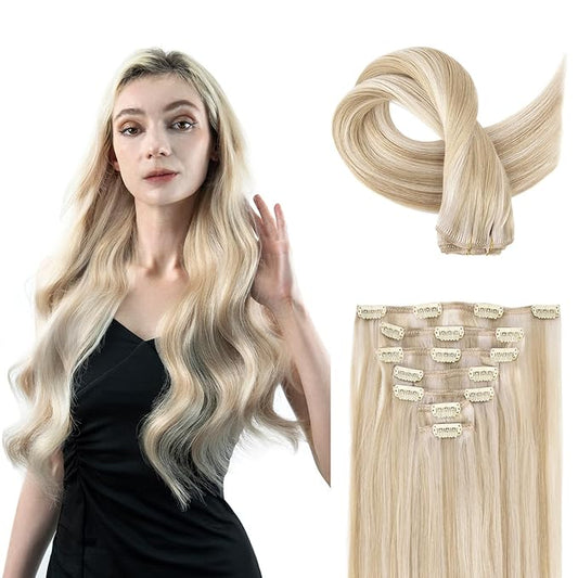 Clip in Hair Extensions Real Human Hair, 100% Remy Hair Extensions Clip Ins, Dark Blonde Highlighted Bleach Blonde Hair Extension for Women, #P18A/613A 18Inch 120G 7PCS