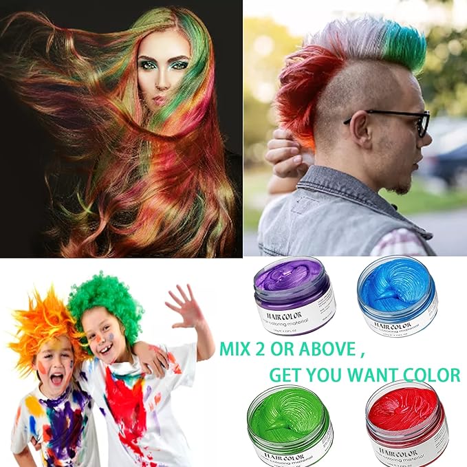 Temporary Hair Color Spray, Natural Hair Coloring Wax Material Disposable Hair Styling Clay Ash for Cosplay, Party, Masquerade, Halloween (Red, Blue, Purple, Green, 1 Pack)