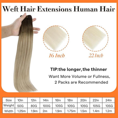 Full Shine 22 Inch Weft Hair Extensions Sew In Extensions Remy Satraight Hair Machine Tied Weft Extensions Color Dark Brown To Dirty Blonde Mix Blonde Human Hair Bundles 105G