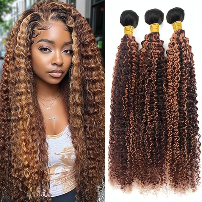 P430 Curly Bundles Highlight Curly Human Hair Bundles Brown and Light Brown two tone Brazilian Human Hair Soft and Silky for Black Women 08 10 12 Inch