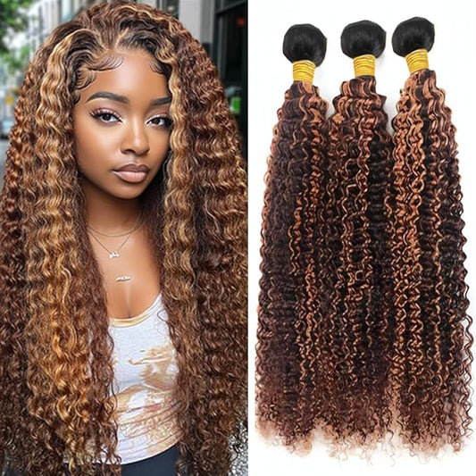P430 Curly Bundles Highlight Curly Human Hair Bundles Brown and Light Brown two tone Brazilian Human Hair Soft and Silky for Black Women 08 10 12 Inch