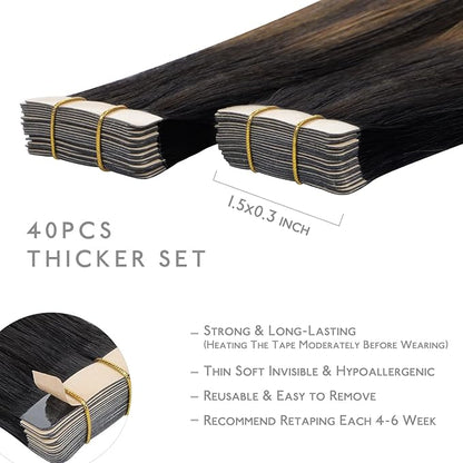 WENNALIFE Tape in Hair Extensions Human Hair, 40pcs 80g 12 inch Balayage Natural Black to Chestnut Brown Hair Extensions Real Human Hair Straight Tape in Extensions Invisible Human Hair Extensions