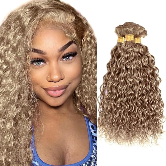 Color #22 Bundles Human Hair Ash Blonde Water Wave Bundle Niegmeag Mixed Length 3 Bundles 14 16 18 Inch Double Weft Grey Blonde Bundle