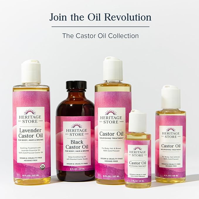 HERITAGE STORE Organic Castor Oil - Glass Bottle - Nourishing Treatment for Hair and Skin - Hair Oil, Eyelash Serum for Eyelashes, Brows, Castor Oil Packs - Cold Pressed, Hexane Free, Vegan 32oz