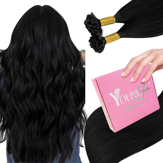 YoungSee Black U tip Hair Extensions Black U Tips Human Hair Extensions Jet Black 16In 50s/50g