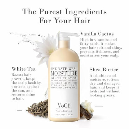 VoCÊ Natural Hydrating Shampoo for Dry, Frizzy Hair | Moisture-Infused Vegan Shampoo for Normal to Thick Hair - Non-Toxic, Cruelty-Free with Shea Butter, White Tea, Vanilla Cactus (32 oz | 946 ml)