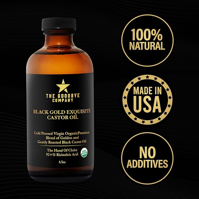 The Goodbye Company Black & Gold Castor Oil Blend – USDA Organic, Cold-Pressed & Unrefined – Pure Hexane-Free Oil for Hair, Skin, Body, Eyelashes & Eyebrows