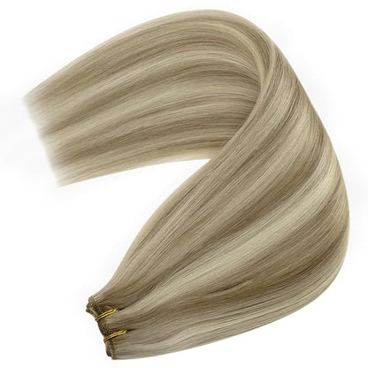 YoungSee Weft Human Hair Extensions Blonde Highlight Sew in Hair Extensions Human Hair Light Brown with Blonde Highlight Sew in Weft Hair Extensions Human Hair Can Be Ironed and Dyed 22Inch 100G