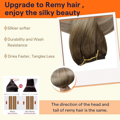 Full Shine Weft Hair Extensions Human Hair #3/8/22 Balayage Sew In Hair Extensions Color Dark Brown To Light Brown Mix Light Blonde Human Hair Extensions Remy Straight Hair 12 Inch