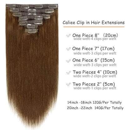 Caliee Clip in Hair Extensions Human Hair 20 Inch Chocolate Brown Hair Extensions Clip in Double Lace Weft 7 Pcs 140 G Silky Straight Hair for Full Head