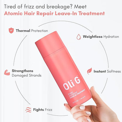 Oli G Atomic Hair Repair Leave In Treatment for Women – Anti Frizz Hair Treatment Cream with Oligopeptides & Botanical Proteins – Conditioning, Moisture & Strengthening Formula - All Hair Types - 4oz