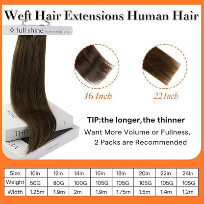 Full Shine Weft Hair Extensions Human Hair Sew In Hair Extensions Remy Weft Color Darker Brown Sew In Extensions 22 Inch 105G Invisible Hair Weft