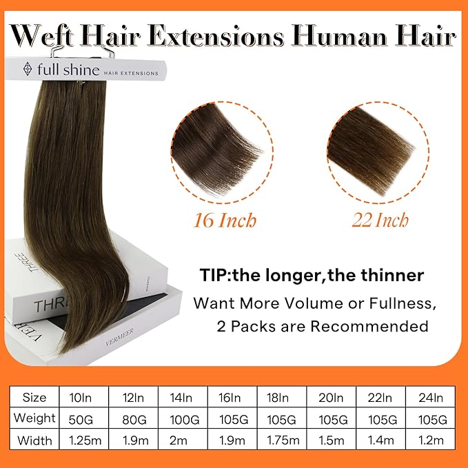 Full Shine Sew In Hair Extensions Real Human Hair Color Darker Brown Weft Hair Extensions Invisible Weft Extensions Remy Hair For Women Sew In Thick Hair 16 Inch 105G